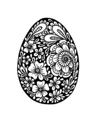 Doodle Easter egg with floral pattern. Festive spring element for design. Egg hunt. Hand drawn with black liner and marker. Illustration isolated on white background.