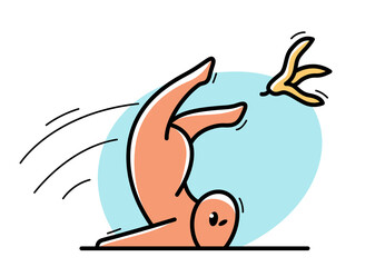 Small funny cartoon man falls because of banana skin vector flat style illustration isolated on white, failure unexpected oops concept.