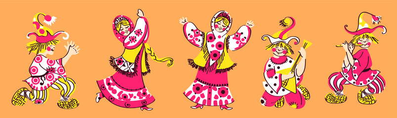 Russian folklore or folk art. Drawings of funny buffoons and beautiful Russian girls in traditional costumes.