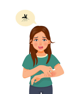 Young woman scratching her itchy arm having skin dry skin problems, animals or food allergy, dermatitis, insect mosquito bites and irritation
