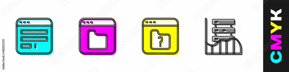 Poster set browser window, files, file missing and server, data, web hosting icon. vector