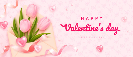 Happy valentines day greeting horizontal banner with realistic envelope and tulips. Vector illustration