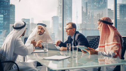 International Business Consultant Advices on Diversification of Investment Portfolio to Successful Arab Company Owners. Multicultural Meeting in Modern Office Between American and Emirati Businessman