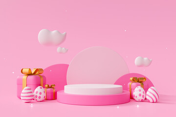 Happy easter pink pedestal product display stand or podium with gift box and egg on pastel pink background 3D rendering