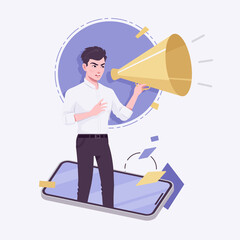 Office boy, young business assistant, businessman loud phone talk. Smart male social media profile picture, business portrait. Vector flat style creative illustration, abstract art background