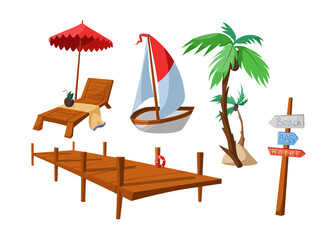 Summer holiday elements vector illustrations set. Wooden dock, boardwalk or pier, boat for fishing on lake, wood pole with beach, bar and hotel signs isolated on white background. Vacation concept - obrazy, fototapety, plakaty