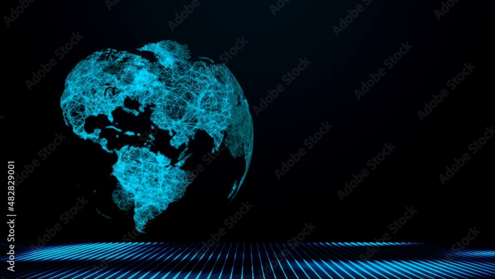 Wall mural world map is a modernistic display of a translucent globe revolving above a futuristic base with blu