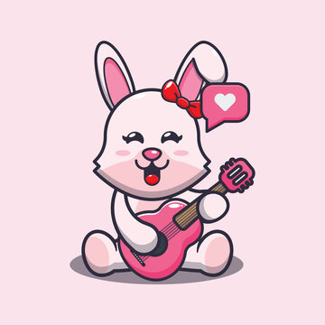 Cute bunny cartoon mascot illustration playing guitar