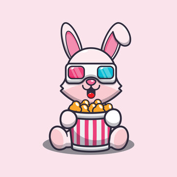 Cute bunny cartoon mascot illustration eating popcorn and watch 3d movie