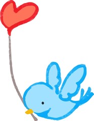 ハートの風船をくわえた小鳥 赤 シンプル