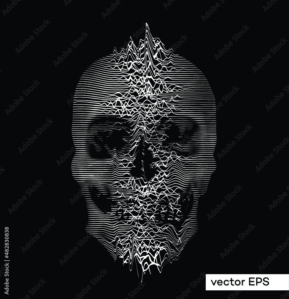 Aufkleber sound wave graph vector halftone black and white illustration of skull head from 3d rendering.