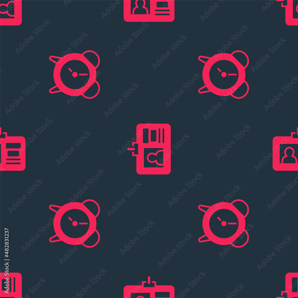 Poster set alarm clock and identification badge on seamless pattern. vector