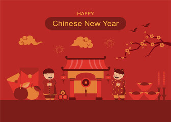 Cute kids characters for chinese new year on red background,greeting card,card,Vector illustrations.