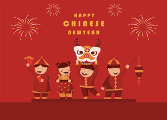 Cute kids characters for chinese new year on red background,greeting card,card,Vector illustrations.