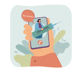 Hand of person signing up for vaccination online. Female doctor with big vaccine syringe on phone screen flat vector illustration. Coronavirus, healthcare concept for banner or landing web page