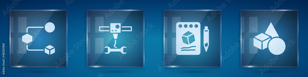 Poster set isometric cube, 3d printer wrench spanner, sketch on paper and basic geometric shapes. square gl
