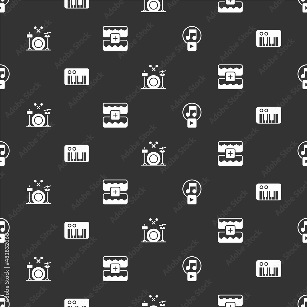 Poster set play in square, music synthesizer, drums and wave equalizer on seamless pattern. vector
