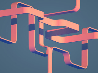 Abstract bent pink stripes installation, 3d rendering