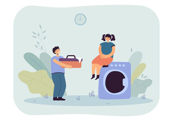 Cute children doing laundry together. Girl sitting on washing machine, boy holding dirty linen flat vector illustration. Housework, childhood concept for banner, website design or landing web page