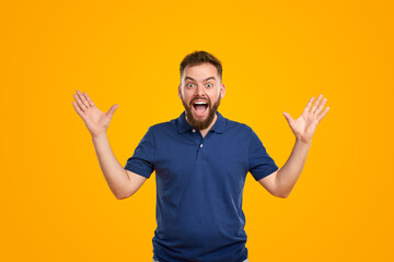 Shocked man showing big size gesture