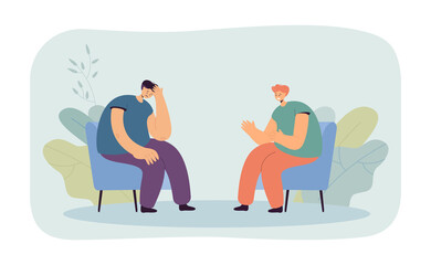 Sad client talking to psychologist during therapy session. Man comforting friend flat vector illustration. Psychology, support, mental health concept for banner, website design or landing web page