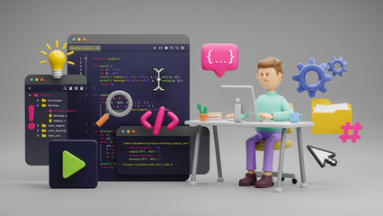 Programmer developer typing script source languages coding symbols  icon development project data programming software engineering IT technologies computer. 3d rendering.