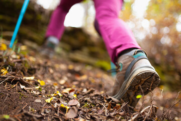 Fototapeta premium Hiking girl in a mountain. Low angle view of generic sports shoe and legs in a forest. Healthy fitness lifestyle outdoors.
