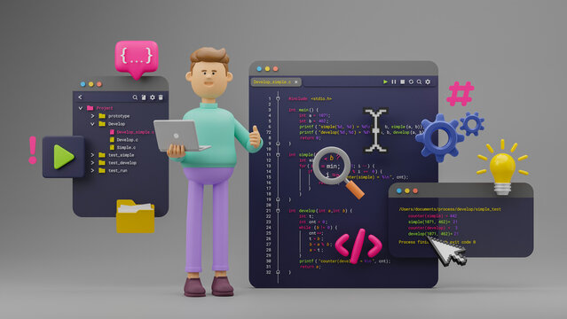 Programmer developer typing script source languages coding symbols  icon development project data programming software engineering IT technologies computer. 3d rendering.