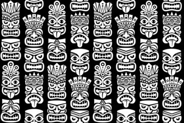 Tiki pole totem vector seamless pattern - traditional statue or mask repetitve design from Polynesia and Hawaii in white on black
 - obrazy, fototapety, plakaty