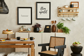 Creative and cozy kitchen interior composition with mock up poster frames, beige commode, plants, chair, family table and elegant accessories. Template. .
