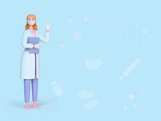 3d render doctor. Attention. Doctor of medicine woman wearing mask, gloves points up with her finger. Medical clipart  on blue abstract background. 3d illustration