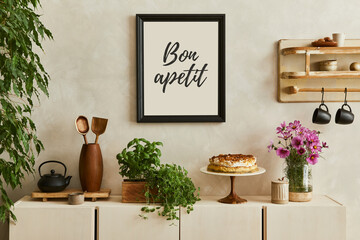 Elegant composition of stylish dining room intrerior with mock up poster frames, beige wooden...