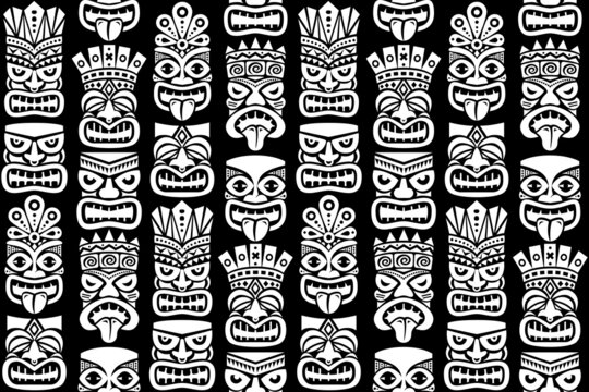 Tiki pole totem vector seamless pattern - traditional statue or mask repetitve design from Polynesia and Hawaii in white on black
