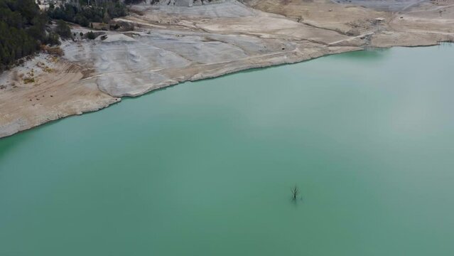 Aerial View Dead tree in turquoise water of lake Embalse de Yesa, Spain