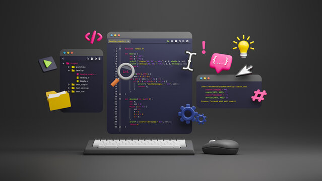 Programmer developer typing script source languages coding symbols  icon development project data programming software engineering IT technologies computer. 3d rendering.