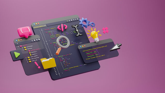 Programmer developer typing script source languages coding symbols  icon development project data programming software engineering IT technologies computer. 3d rendering.