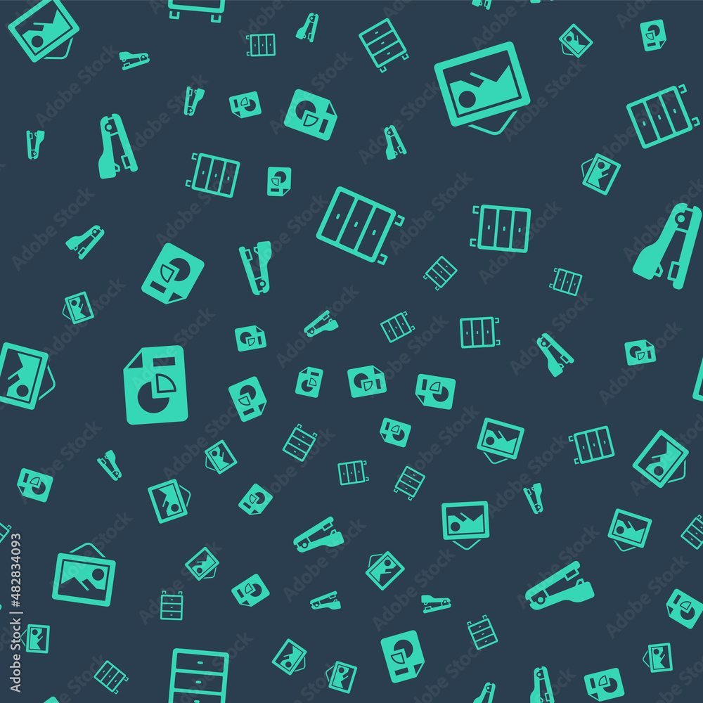 Poster set archive papers drawer, picture landscape, document with graph chart and stapler on seamless patt