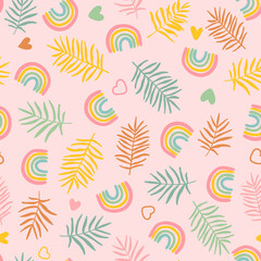 Cute rainbows with hearts and palm leaves seamless repeat pattern. Random placed, vector love, botany and weather elements all over surface print on pink background.