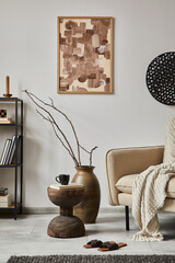 Modern living room interior composition with mock up poster frame, beige sofa, vinatge vase and...
