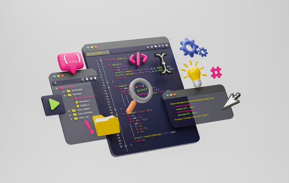 Programmer developer typing script source languages coding symbols  icon development project data programming software engineering IT technologies computer. 3d rendering.