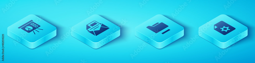 Poster set isometric board with graph, mail and e-mail, document settings and folder icon. vector