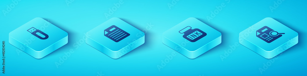 Poster set isometric usb flash drive, file document, document with graph chart and inkwell icon. vector