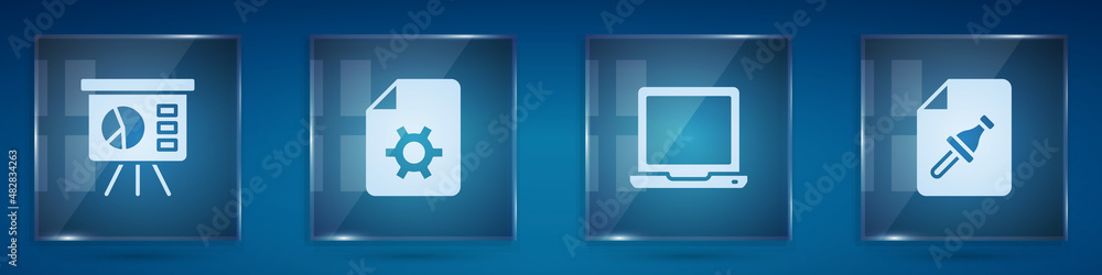 Poster set board with graph, document settings, laptop and note paper push button. square glass panels. vec