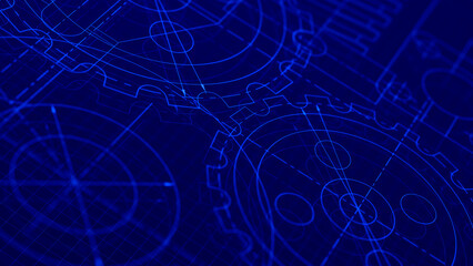 Blueprints engineer technician design drawing mechanical gear engineering Engine factory Industry Industrial technology project abstract presentation cover banner background. 3d rendering.