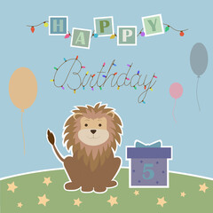 Cute birthday greeting card for baby. Poster for baby room. Vector illustration on blue background with a lion, a gift, a balloon, a garland "Happy birthday"