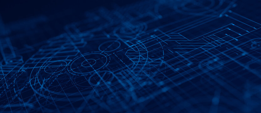 Blueprints engineer technician design drawing mechanical gear engineering Engine factory Industry Industrial technology project abstract presentation cover banner background. 3d rendering.