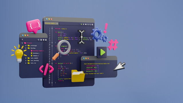 Programmer developer typing script source languages coding symbols  icon development project data programming software engineering IT technologies computer. 3d rendering.