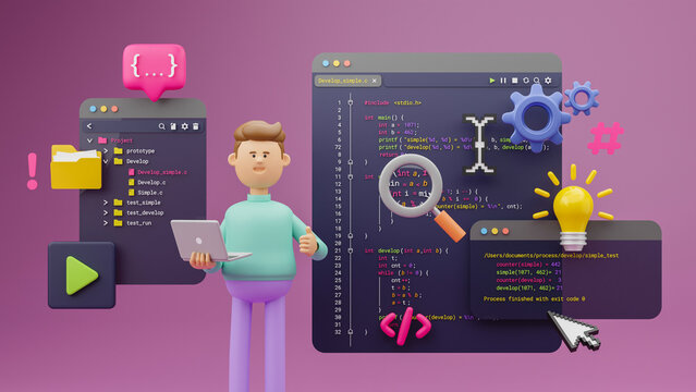 Programmer developer typing script source languages coding symbols  icon development project data programming software engineering IT technologies computer. 3d rendering.