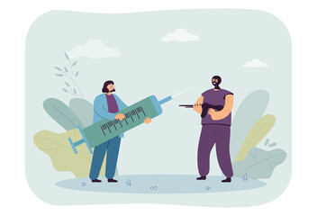 Terrorist threatening nurse holding giant syringe with gun. Anti-vaccination movement flat vector illustration. Vaccination, violence concept for banner, website design or landing web page