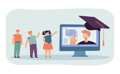 Cute tiny children watching online lecture on computer screen. Video call or webinar with teacher flat vector illustration. Online education concept for banner, website design or landing web page